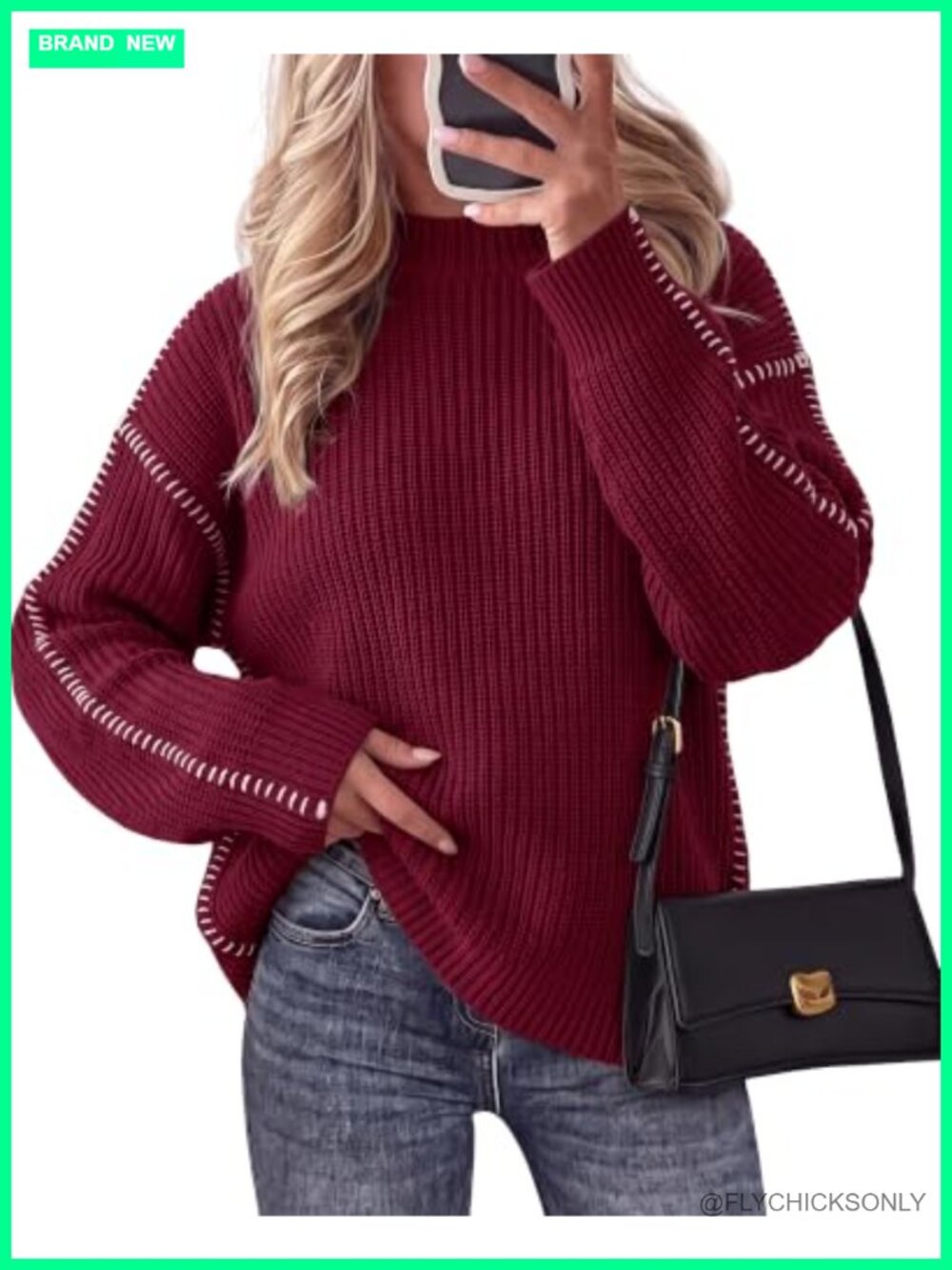 Oversized Chunky Knit Mock Neck Pullover Sweater Contrast Stitch